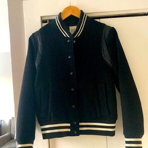 Gap Varsity Jacket with Patent Lamb Leather Detail.